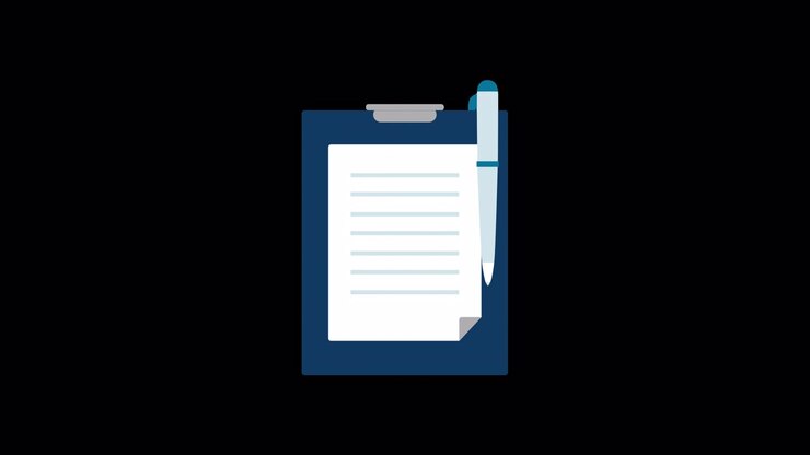 Appunti animati con foglio e penna che compilano un documento