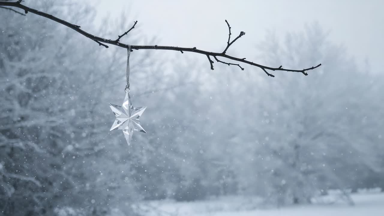 Swaying clear star ornament on branch, catching light from breeze in snowy woods with falling snow
