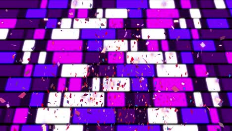 animación de espagueti cayendo sobre rectángulos brillantes rosados y púrpuras