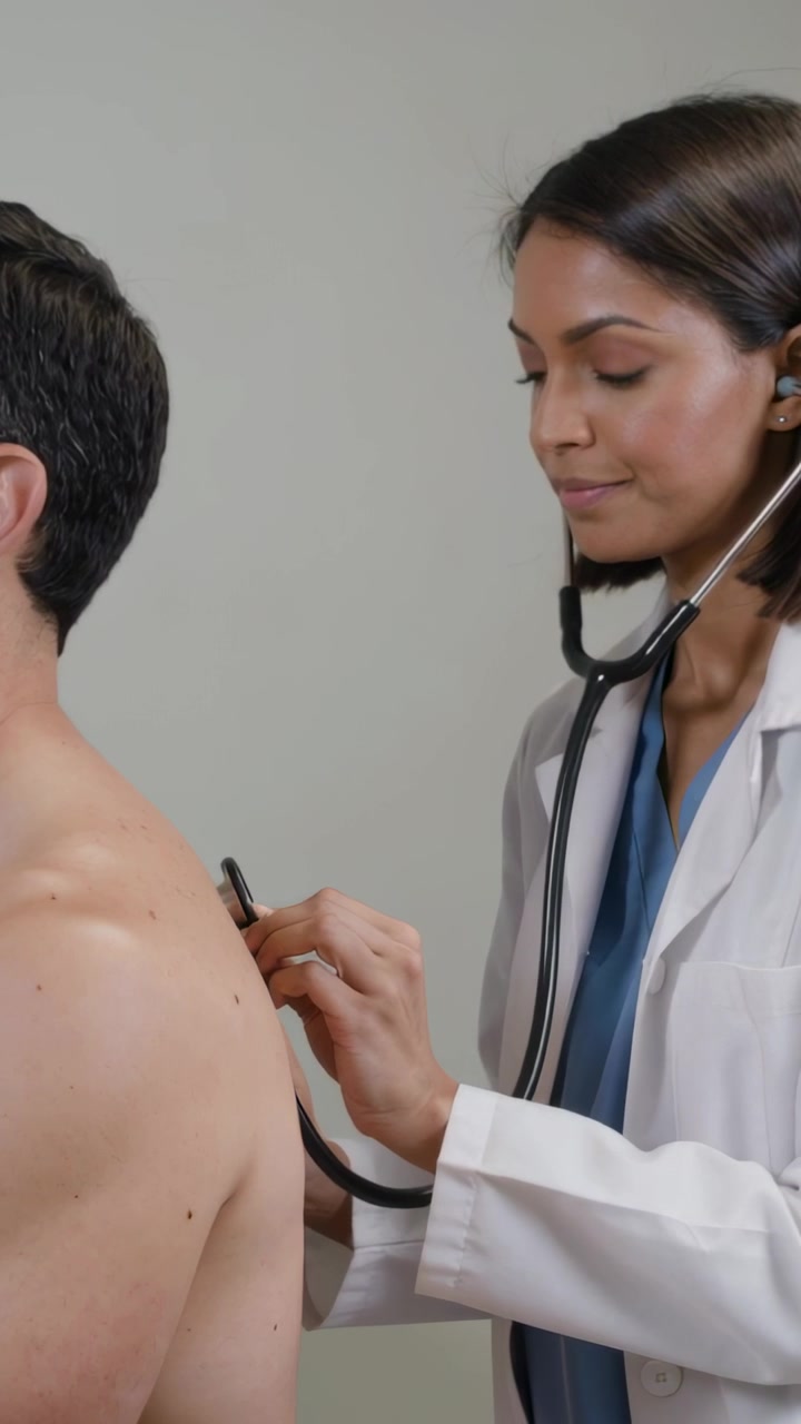 Dikey video: Stetoskop yerleştiren laboratuvar önlüklü doktor, klinikte hastanın akciğerlerini dinliyor.