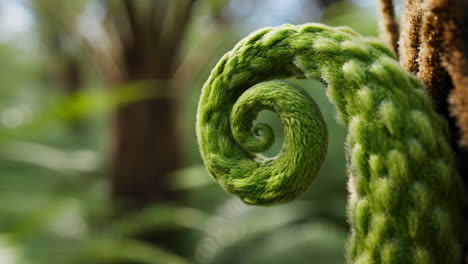 close-up of a green fern frond unfurling in a spiral shape
