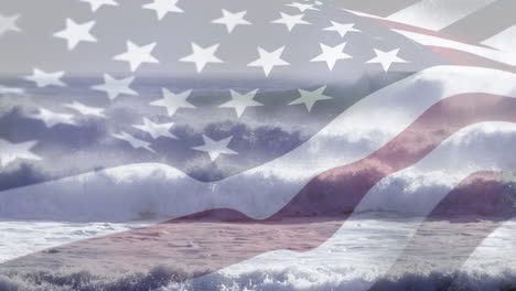 digital composition of waving us flag against waves in the sea