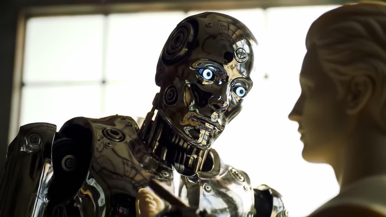 A metallic robotic figure gently touches a human-like statue in a brightly lit creative studio. The contrast between technology and art highlights innovative design elements.