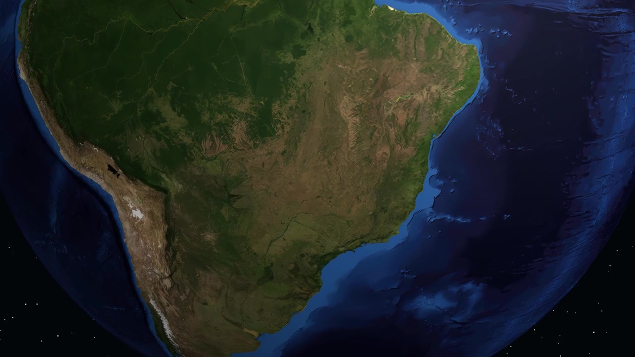Uma animação digital se aproxima do espaço para a América do Sul, destacando Goiânia Brasil com texto.