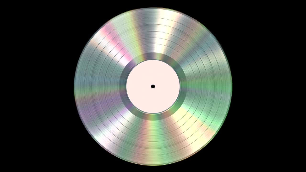 иридесцентная реалистичная платиновая виниловая пластинка на черном фоне с альфа-каналом. беспрепятственная петля. 4k.