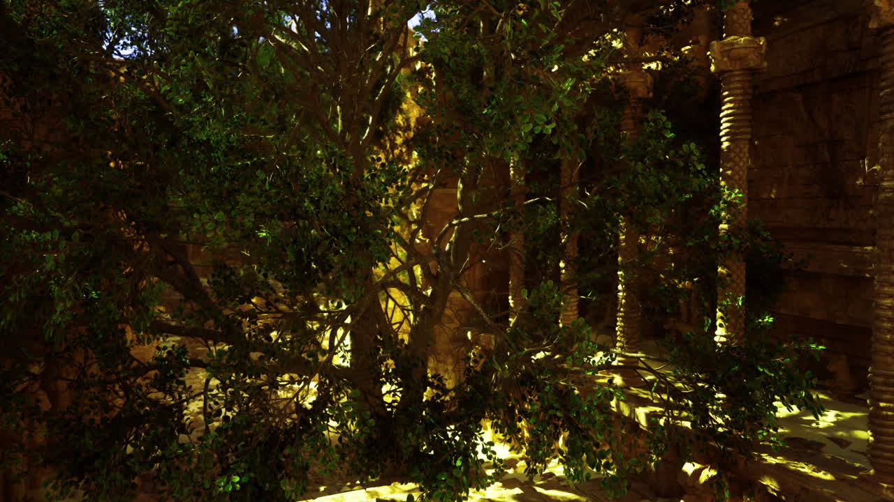 Ancient temple ruins with a large tree creating a mystical atmosphere