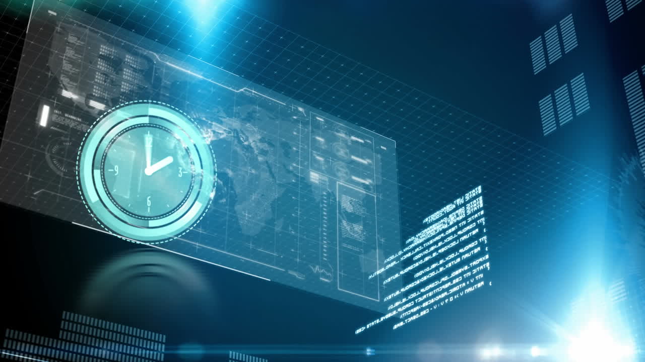 Animation of neon ticking clock icon over interface with data processing against blue background