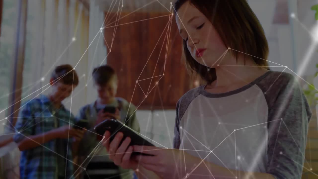 red de conexiones contra estudiantes femeninas que usan teléfonos inteligentes en la escuela