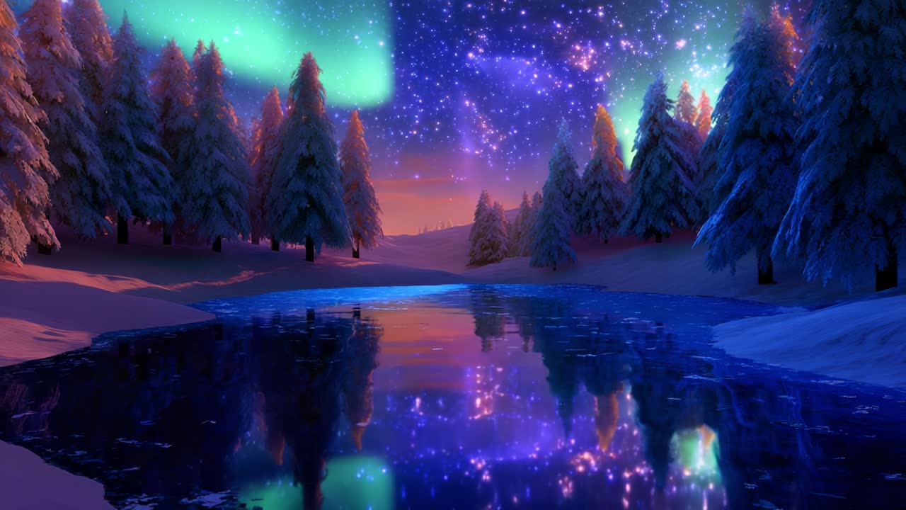 Enchanting Winter Landscape: A Serene Scene of Snow-Covered Pines Reflecting in a Tranquil Lake Under a Starry Sky with Colorful Northern Lights Illuminating the Night in Stunning Harmony