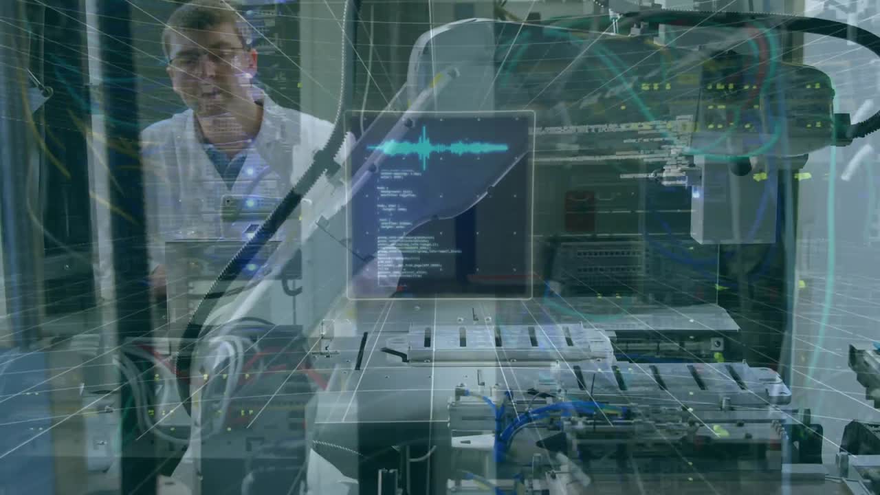 Animation of data processing over caucasian male worker in workshop