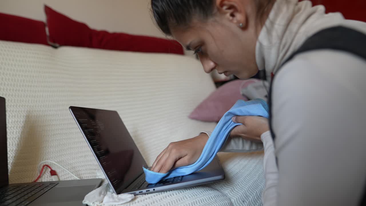 mujer limpiando una computadora portátil