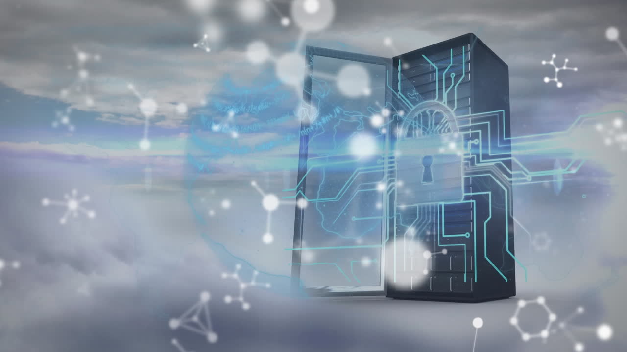 Molecular structures floating over security padlock icon on computer server against clouds in sky