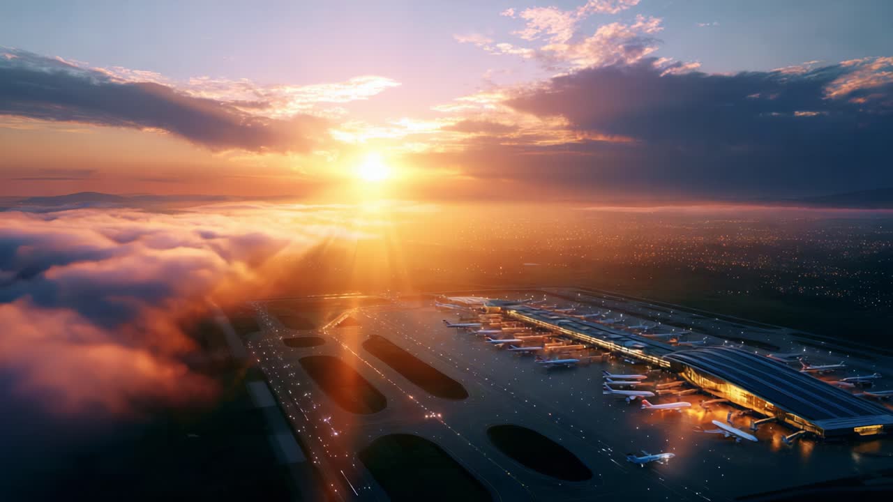 Breathtaking Sunset Over an Airport: A Stunning Aerial View Capturing the Skies, Airplanes, and Radiant Sunlight Casting Glorious Colors Over the Clouds and Runways in an Enchanting Landscape