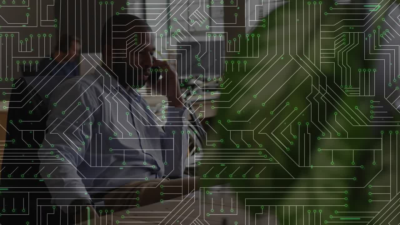 Left man tapping cup and thinking, causing pulsing green circuit overlay highlighting tech data