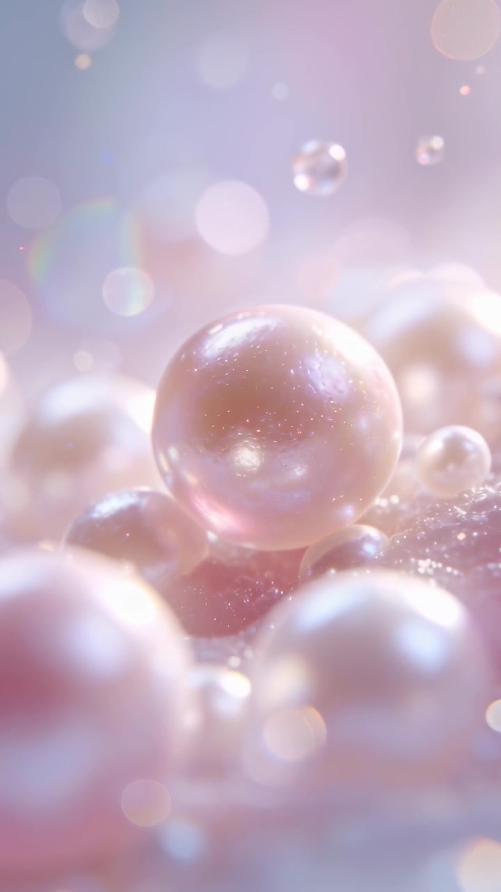 Video verticale: Luce cangiante che evidenzia una perla centrale in macro pastello, rivelando bagliori di goccioline.