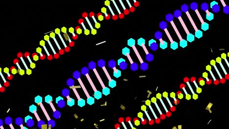 animation of confetti falling and three dna strands moving on black background