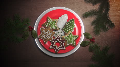 Animierte-Nahaufnahme-Süßigkeiten-Und-Weihnachtskuchen-Auf-Holz-Hintergrund