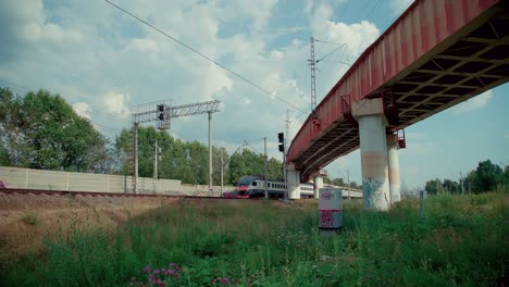 a slow running train in the railway. modern public transport architecture