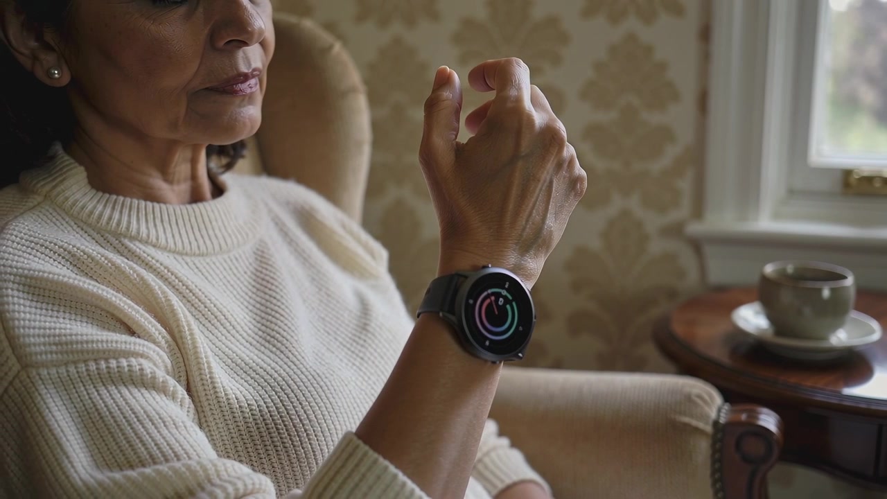 Raising left arm, senior woman in cream sweater turning wrist, tapping watch checking rings at home