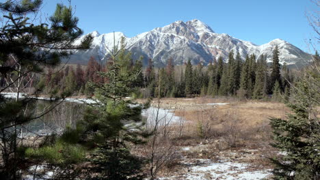 Spectacular-view-of-a-snow-covered-mountain-range-under-blue-skies-in-Jasper-Canada