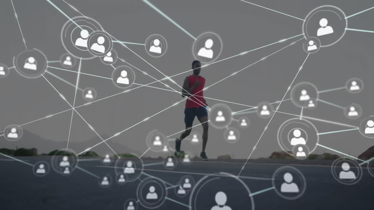 Runner advancing on highway while emitting growing digital network web for technology display