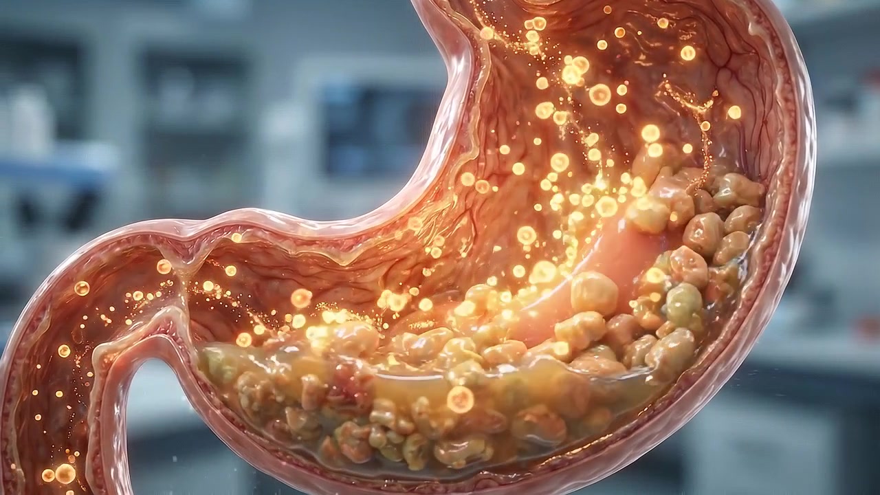Animazione medica 3D del processo di digestione dello stomaco umano