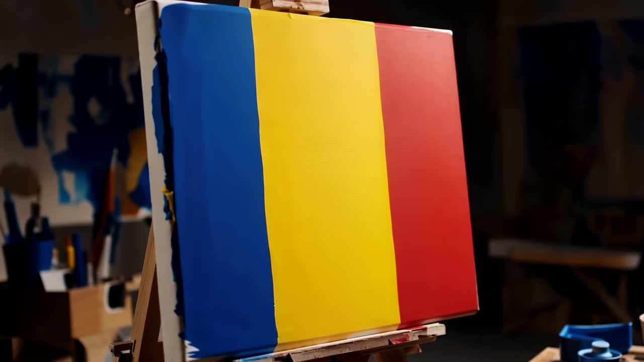 Raspador começando a raspar e arrastar a tela em cavalete de madeira em ateliê de arte, revelando as cores azul, amarelo e vermelho.