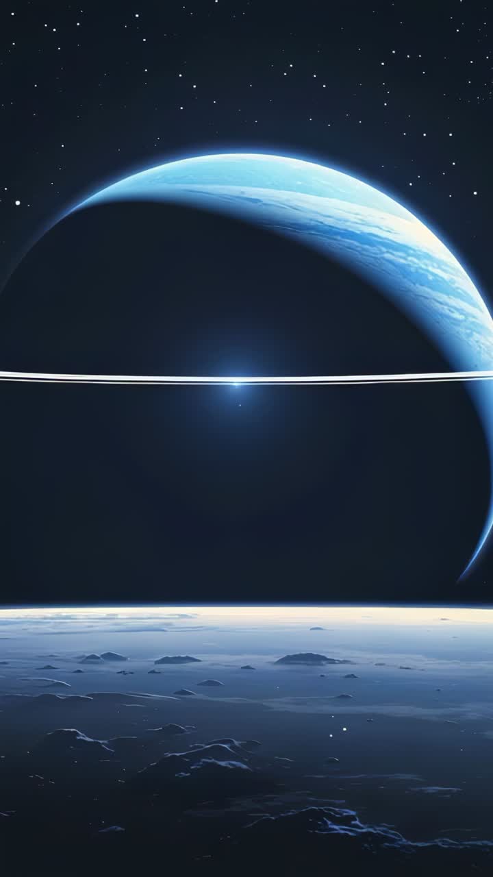 Vertical video: After low-angle camera tilting to show ringed planet rotating over rocky surface