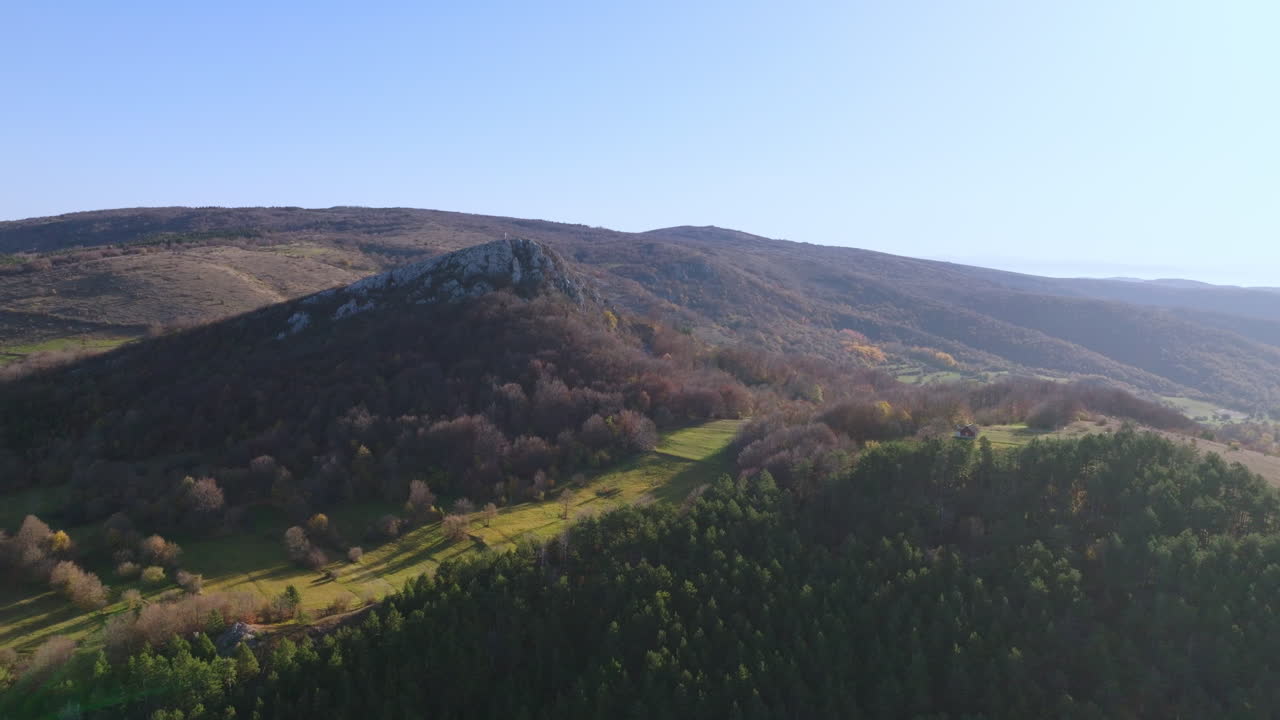 Panoramic View of Autumn Mountains and Forests under a Clear Sky