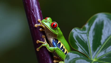 a vibrant red-eyed tree frog perched on a purple stem