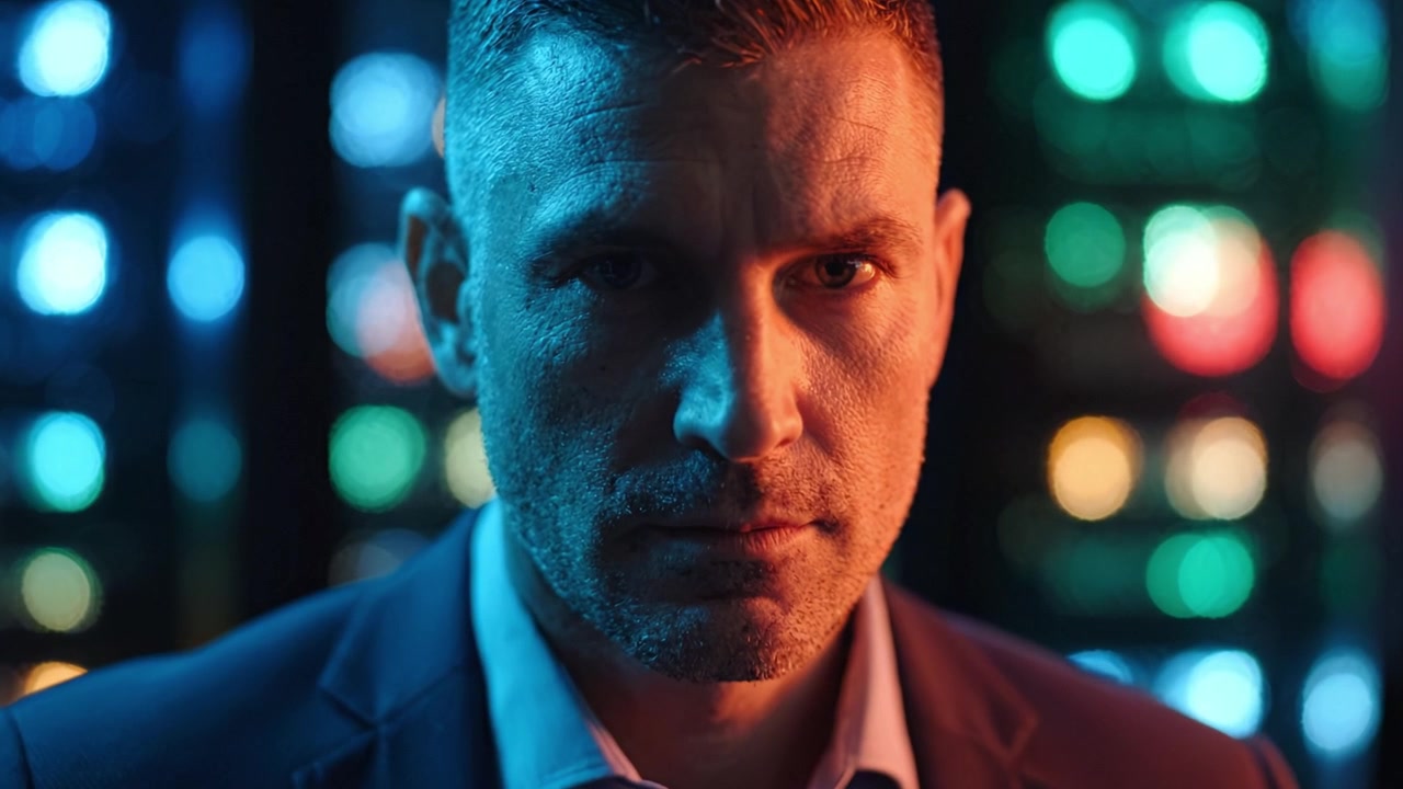 Retrato Intenso de um Homem de Terno Contra um Fundo Colorido Capturando um Momento de Reflexão e Intriga, Destacando Traços Faciais e Efeitos de Iluminação