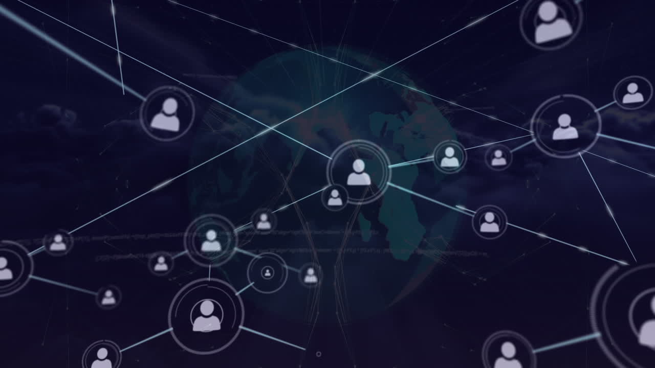 animación de redes de conexiones con iconos y globo sobre el cielo