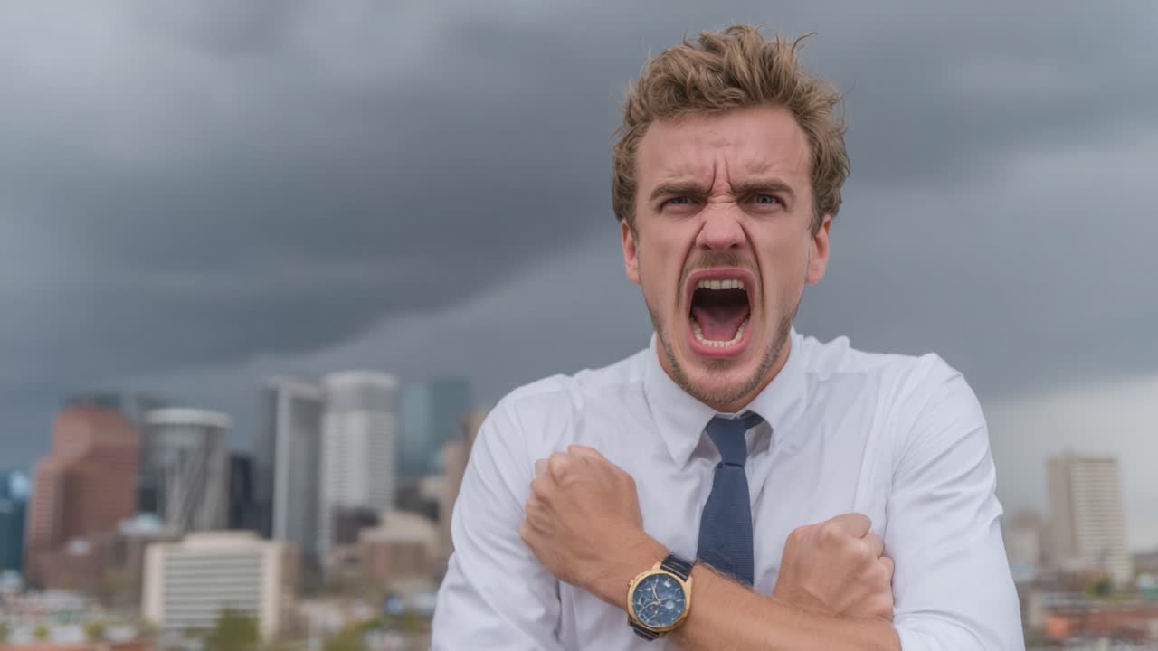 Una potente espressione di rabbia e frustrazione in un cielo minaccioso, che cattura l'intensità delle emozioni umane sullo sfondo urbano