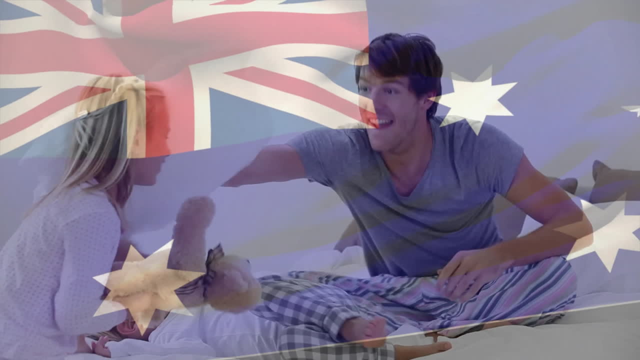 호주 발의 애니메이션 카우카시안 아버지와 딸이 집에서 놀고 있습니다.