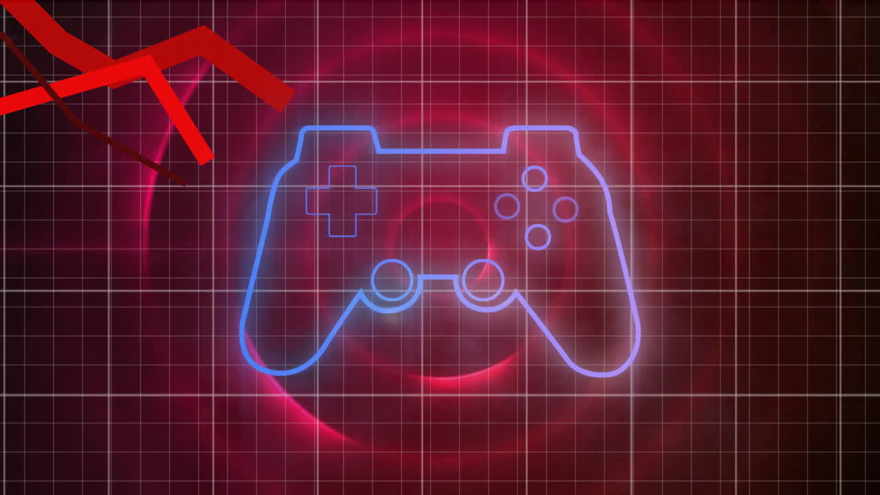 animación del pad de videojuegos, procesamiento de datos financieros sobre círculos rojos brillantes