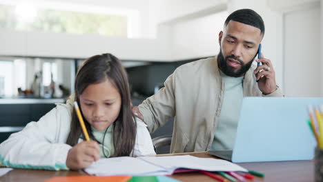 Father,-daughter-and-work-from-home-with-phone