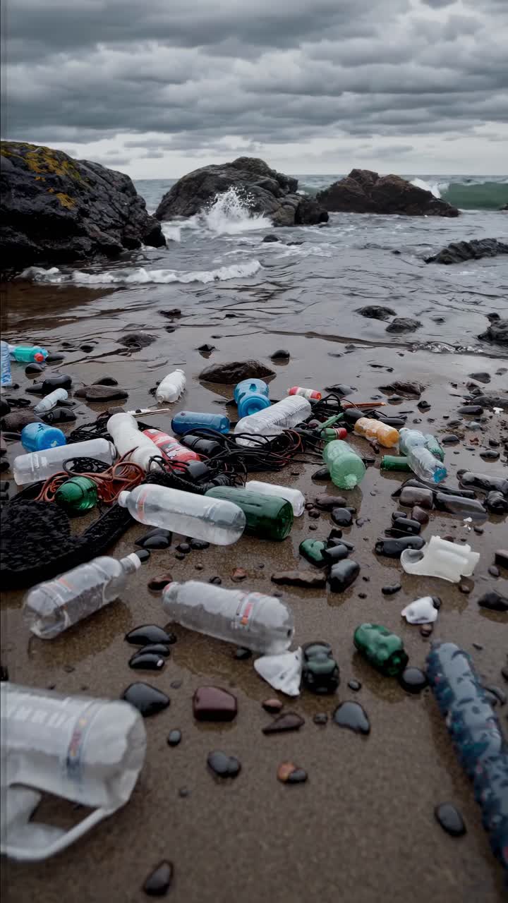 A low-angle video frame shows plastic waste scattered on a rocky beach, highlighting environmental