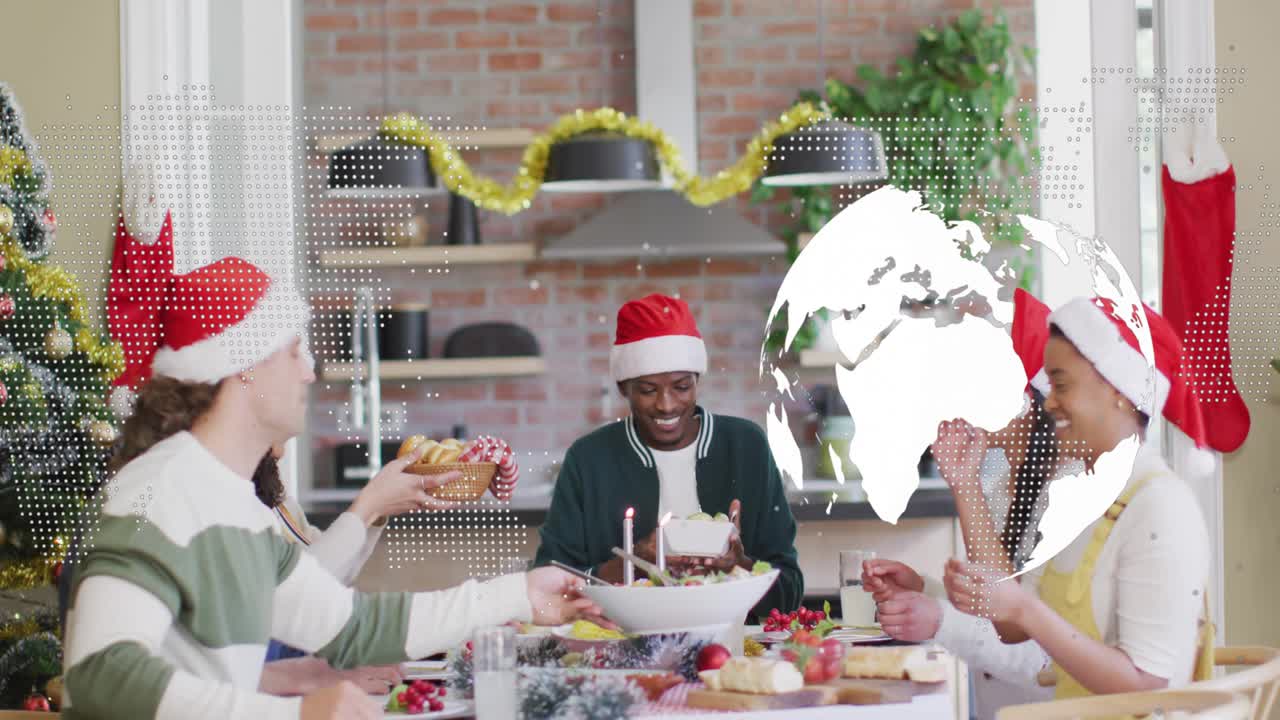 Left diner reaching across, group passing bowls to share holiday meal, dotted globe obscuring right