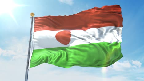 niger flag waving in the wind against deep blue sky. national theme, international concept. 3d render seamless loop 4k