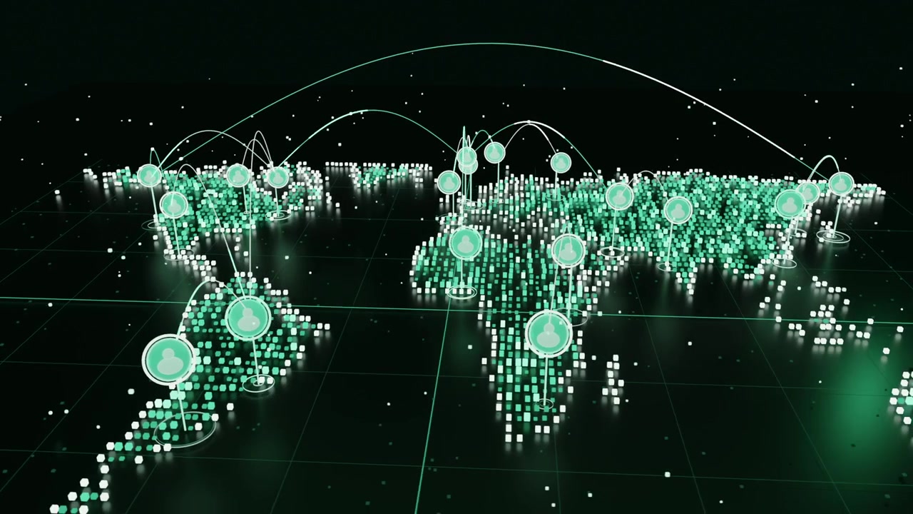 Animating 3D world map, frame-triggered markers rising, arcs linking hubs, showing network traffic