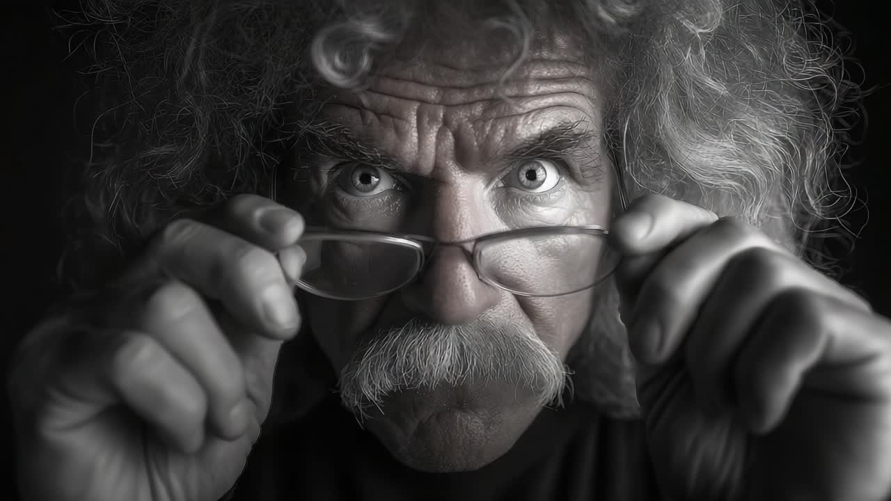 Eine intensive Nahaufnahme eines geistreichen älteren Mannes mit wilden Haaren und einer Brille, der neugierig blickt und die Essenz von Überraschung und Weisheit in Schwarz-Weiß-Fotografie einfängt