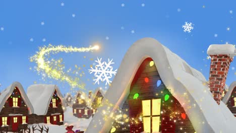 animation of shooting star over christmas houses and falling snow