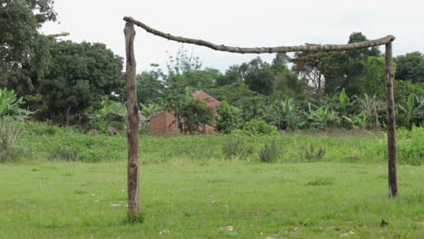 meta de fútbol rural en un campo de hierba con árboles y un edificio en el fondo