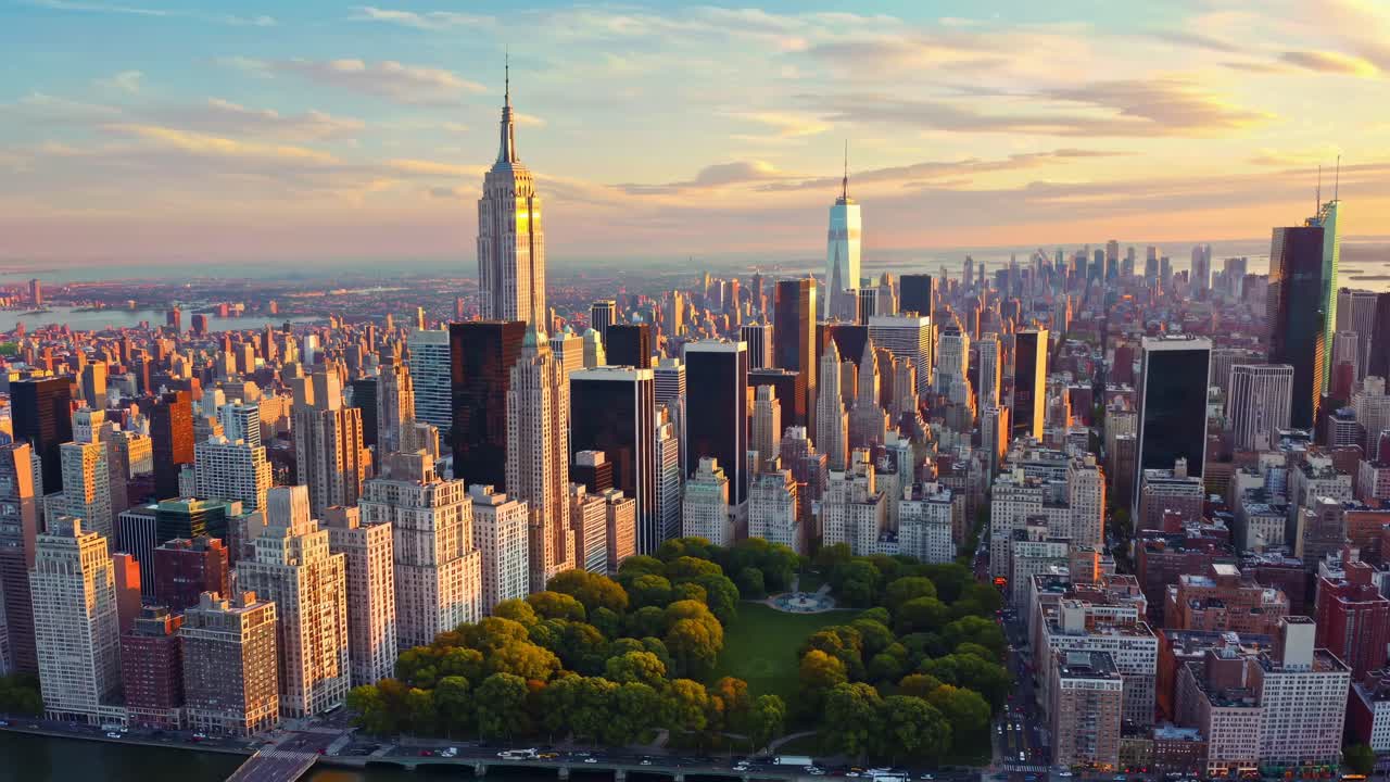 Aerial video captures a vibrant cityscape at sunset, showcasing skyscrapers and a lush park