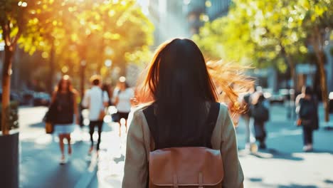 a woman walking down a city street with a brown backpack