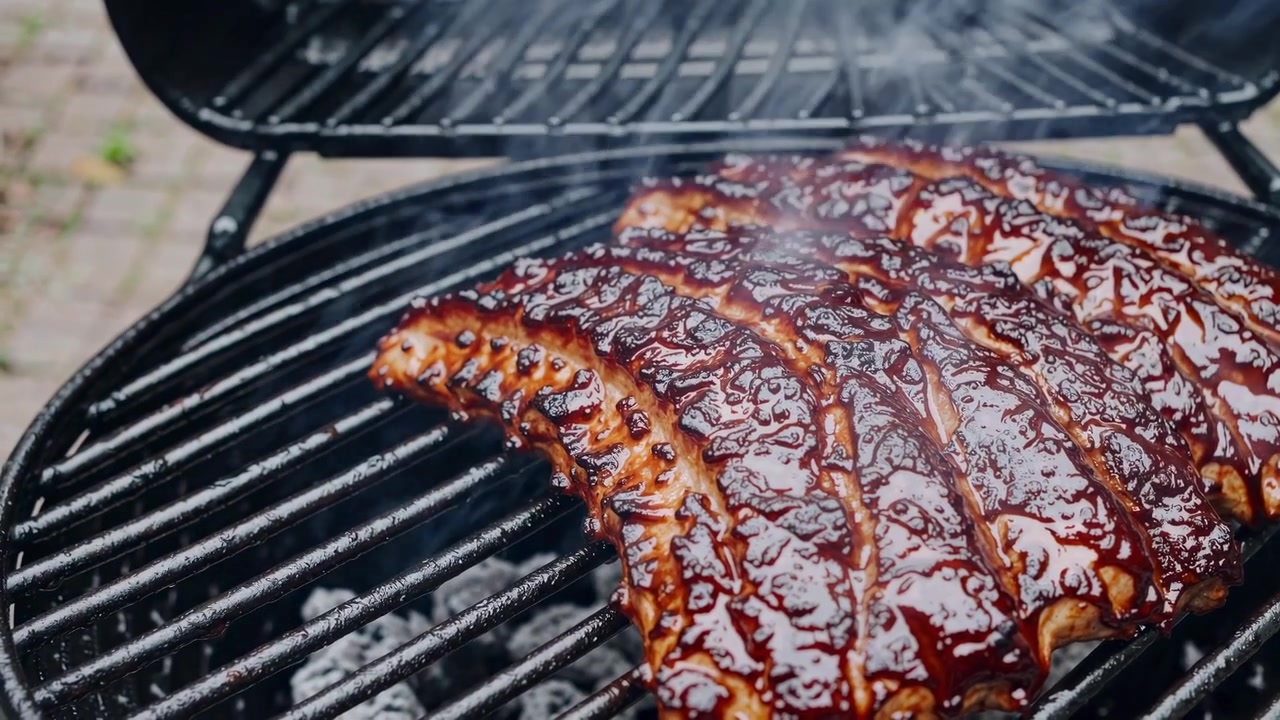 Deliziose costolette al barbecue che grigliano su una griglia a carbone ardente con fumo