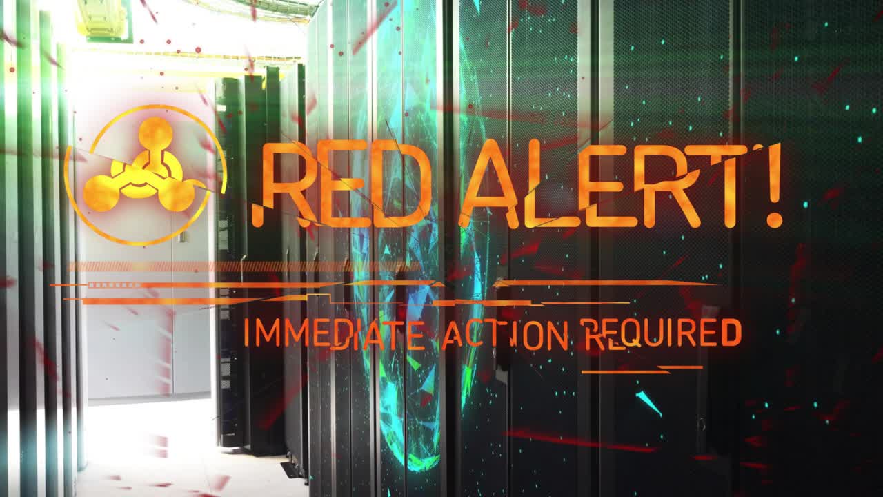 Alert interface emerging on servers warning icon fading, pulsing data lines signaling urgent action