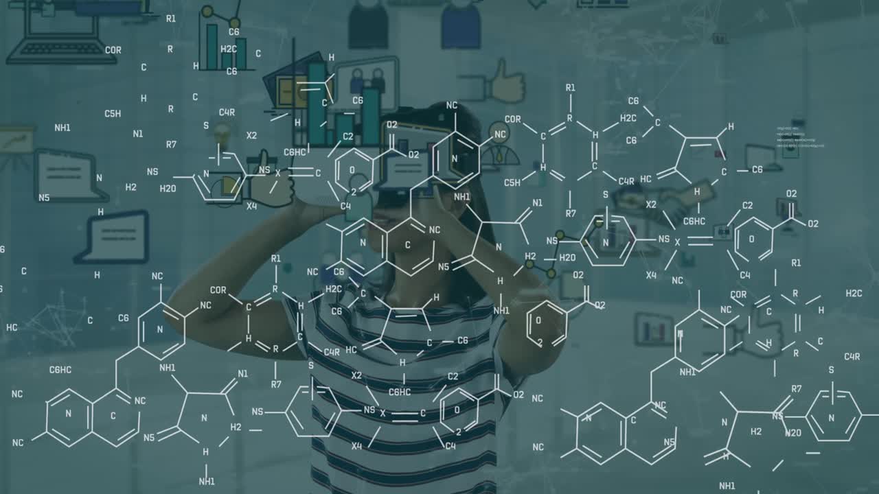 animación de iconos médicos sobre mujer caucásica usando auriculares vr