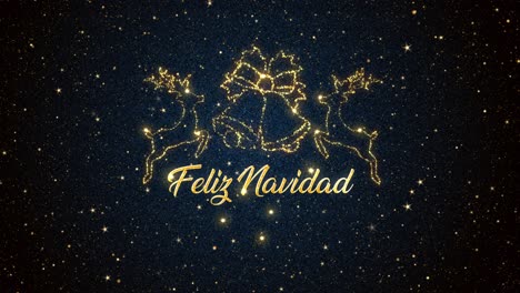 hermoso gráfico animado estacional en movimiento de renos y campanas representados en partículas brillantes sobre un fondo estrellado, con el mensaje estacional "feliz navidad" que aparece