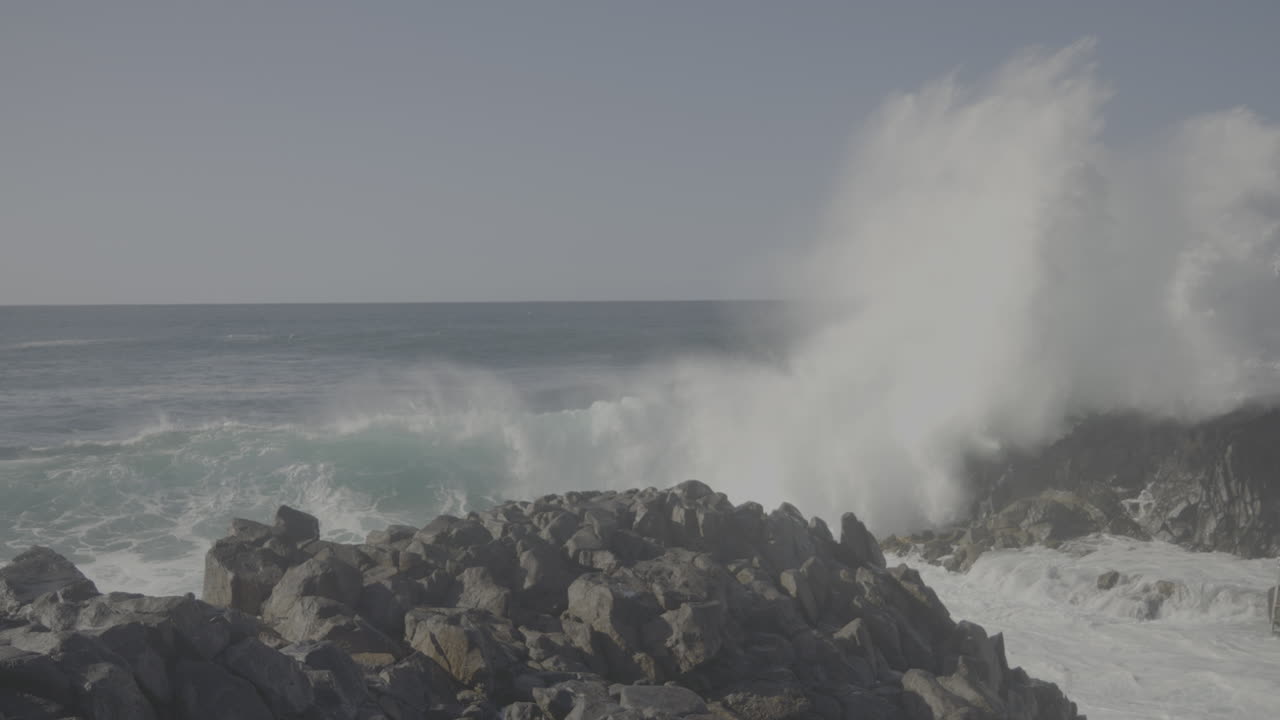 Powerful Waves Crashing on Rocky Coastline